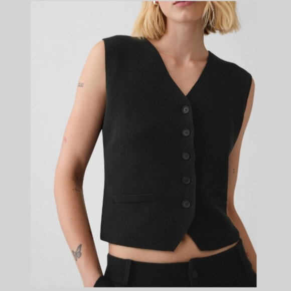 GAP CashSoft Sweater Vest Button Front V-Neck Textured Knit Black Women's Large - Picture 1 of 10
